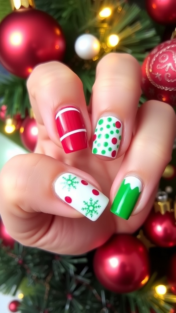 Simple Christmas nail art with red and green designs, featuring stripes and snowflakes.